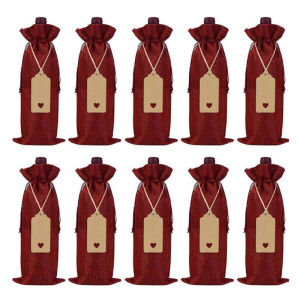 10/12pcs Rustic Jute Burlap Wine Bags Drawstring Bottle Covers Reusable Wrap Gift Package Christmas Bag