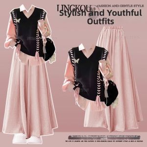 NUMEN BUTTON | Spring Casual 3-piece Set Women Pink Blouse Vest Wide Leg Pants Large Size