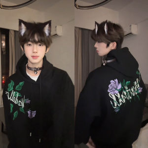 Retro American Purple Rose Embroidery Hoodie Mens Loose Casual Spring Autumn Sportswear Jacket Couple Matching Sweatshirt