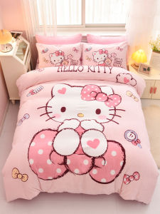 Sanrio Thickened Milk Velvet Bedding Set Cartoon KT Cat Fleece Three-Piece Autumn Winter Warm Pink for Girls 1.5m Bedding Set