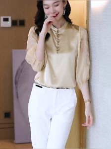 LUXURY Queen High End Satin Silk Blouse Summer 2023 New Loose Design Embroidered Lantern Sleeves Top