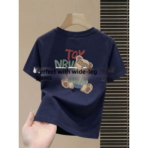 V.C.I | Navy Cotton Cartoon Print Loose Fit Short Sleeve Tee