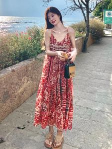 Váy Voan in Hoa Mùa Hè 2025 Váy Không Tay Cổ Chữ V Cạp Cao Chữ a Màu Đỏ Váy Đi Chơi Váy Bohemian Váy Nữ