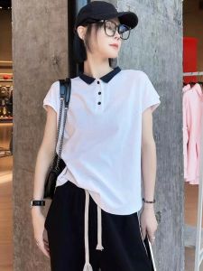 Grey Cotton Polo Shirt Short Sleeve Loose Fit Casual Style Womens T-Shirt Summer Slimming Versatile Top Trendy Body Tee