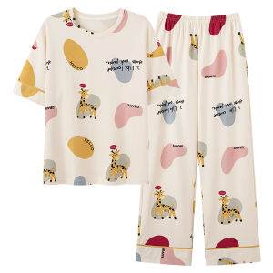 Miiow | Pure Cotton Sleepwear Womens Loose Short Sleeve Home Clothes Set Spring Summer New Style Large Size Pants Can Be Worn Outside