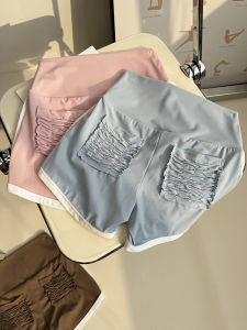 Fitness Running Training Shorts Pleated Pocket Edge Coloring Yoga Pants Womens Sportswear Breathable Lightweight Nylon