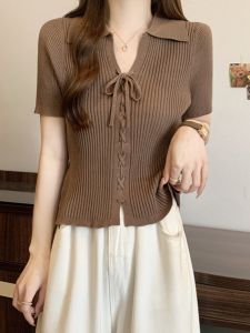 American Style Ice Silk Short Sleeve Polo Shirt Women Summer plus Size Slim V Neck Knitted Top Korean Version Regular Polyester Fiber