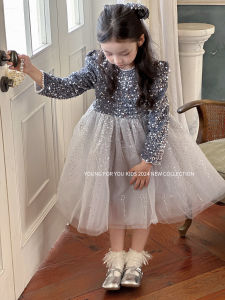 Shiny Sequin Princess Dress Pink Performance Skirt Mesh Autumn Winter Childrens Clothing Toddler Girl Long Sleeve Dresses