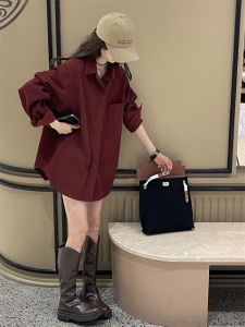 Wine Red Long Sleeve Corduroy Shirt Womens Outerwear Casual Loose Fit Pure Color Polo Collar Traditional Design Autumn Winter