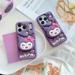 Sanrio | Cartoon Sanrio Cute 3D Cartoon Kuromi Stand Holder Phone Case For iPhone 12 13 14 15 16 17 Pro Max Plus Soft Silicone Back Cover