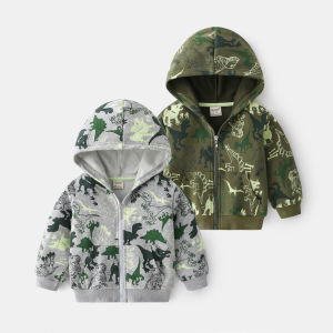 Spring Autumn Dinosaur Print Hoodie Jacket Childrens Casual Zipper Shirt Baby Boy Spring Outing Top Cotton Polyester Blend