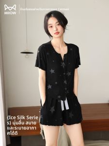 MiiOW | ชุดนอนผ้าไหมน้ำแข็งฤดูร้อนสำหรับผู้หญิง Catman แขนสั้น ลายหมี ชุดนอนสบายๆ ใส่ไปข้างนอกได้ ชุดนอนผ้าไหมน้ำแข็งสำหรับผู้หญิง