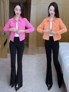 เสื้อเชิ้ตผู้หญิงสั้นแฟชั่นฤดูใบไม้ผลิและฤดูใบไม้ร่วง 2025 ใหม่ เสื้อคลุมกันหนาวสไตล์เกาหลี ทรงเข้ารูป แขนยาว สีพื้น