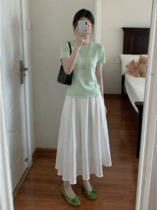YUEZHONGWEI | Slim Fit Short Sleeve T-Shirt for Petite Women Summer Ice Silk Knitted Green Round Neck Hollow Out Design