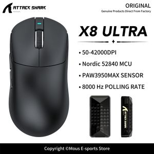 ATTACK SHARK | X8 ULTRA ATTACK SHARK Bluetooth Gaming Mouse PAW3950MAX Sensor 42000DPI Nordic 52840 MCU and 8K Receiver for Wireless Mouse