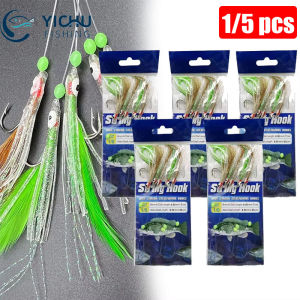 Sabiki Fishing Rigs Baits 5 Hoods Luminous Feathers Bait Rigs Tackle Fishing Lure Set 1/0
