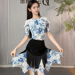 Women Mesh Tassel Latin Dance Set Short Top Dress Adult Cha Cha Rumba Tango Practice Costume performance accessories Dance Wear