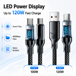120W LED Power Display USB C Cable PD Fast Charging Type C Cord 480Mbps Data Sync Nylon Braided USB A to C Charger Cable