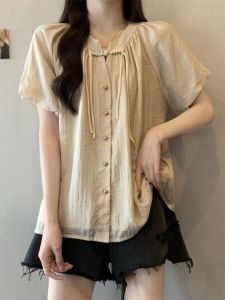 Bubble Sleeve Short Sleeve Snowflake Shirt for Women Large Size Slimming Design Uniform Work Clothing K-style Loose Type