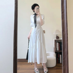 French Elegant Beautiful Dress High Waist Shirt Dress Slimming Waist Spring Season Short Sleeve Long Dress A-Line Skirt
