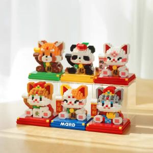 New Year lucky cat Giant panda Red panda building blocks with dust cover boys and girls display gifts
