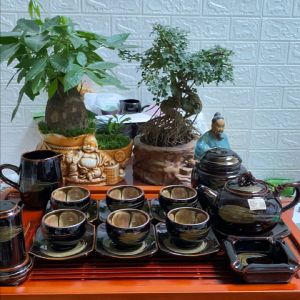 Bộ Ấm Hoả Biến Nâu Bóng Lòng Hoa Quai Sứ Bát Tràng - Bộ Ấm Trà Nghệ Nhân Tô Thanh Sơn