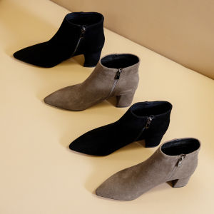 Winter Short Boots Womens 2025 New Pointed Toe High Heel Ankle Boots Black Fleece Lined Suede mid Heel Naked Boots