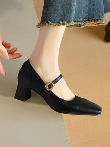 Womens mid Heel Mary Jane Shoes Slip-On round Toe Spring Fashion Belt Buckle Casual PU Leather Comfortable Flat Bottom Rubber Sole