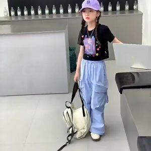 Beryl kids🌸ชุดเด็กผู้หญิง🎀ชุดกางเกงทํางานหลวมแขนสั้นพิมพ์ลายเด็กฤดูร้อนเสื้อผ้าเด็ก