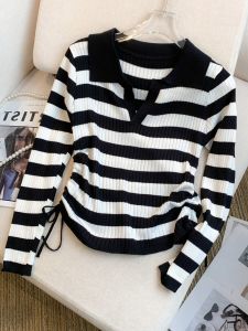 สลิมฟิต ผู้หญิง เสื้อสเวตเตอร์ถัก ด้วย เชือกรูด เอว แขนยาวลายทางเปิดลง ปกเสื้อ ต้น ฤดูใบไม้ร่วง การเดินทางในสํานักงาน เสื้อท่อนบน