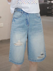 Shalldoer | High Waist Slimming Distressed Straight Leg Jeans Womens Summer Thin Breathable Five-Quarter Wide Leg Shorts Casual Style