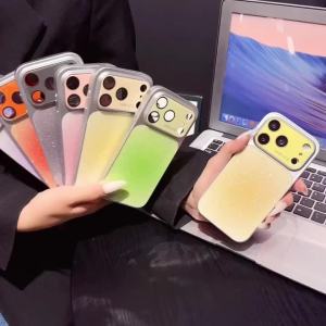 Gradient Color Glitter Glass Camera Lens Protection Phone Case For iPhone 17 16 PM 15 14 13 12 Pro Max Girls Cute Bumper Cover
