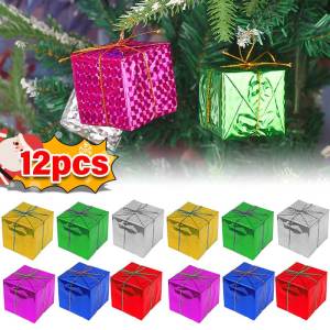 YESPERY 12Pcs Large Gift Boxes Xmas Tree Hanging Pendants Colorful Square Foam Box Ornaments Christmas Decoration New Year Party Decor 5/6/8CM
