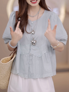 Shalldoer | Charming Bubble Short Sleeve Shirt Womens Gentle Style Unique Summer New Fashion Casual Loose Fit Button Up Single Piece Top