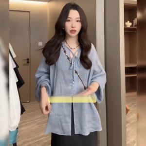 Áo sơ mi nữ BINKAFENNY dài tay dáng rộng màu xanh phong cách Hàn Quốc - mùa hè