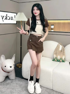 Váy Ngắn Chữ a Cạp Cao Không Đều Màu Xanh Denim Cho Nữ Mùa Hè Phong Cách Mỹ Cổ Điển Váy Ngắn Chữ a Cotton