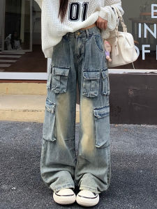 High Waist Wide Leg Workwear Pants Womens Loose Pocket Straight Cut American Retro Denim Jeans Casual Style Spring Season