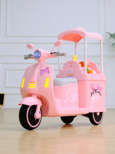 Kids Electric Ice Cream Scooter 3 Wheel Ride On Toy Rechargeable Motor Bike with LED Headlight Music Anti-Slip Foot Pedal Pretend Ice Cream Cart Toy Gift for Toddler Boys and Girls 2-8 Years Old