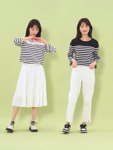 Giordano áo thun nữ cổ tròn cotton 100% tay lỡ dài dệt kim họa tiết kẻ sọc Free Shipping 13323301