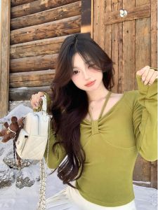 Sweet And Spicy Style Womens Long Sleeve T-Shirt Short Model Knot Design Beautiful Inner Wear Top Korean Version Commute