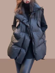 Womens Mid-Length Casual Warm down Cotton Vest Autumn Winter Fashion Sleeveless Shoulder Pad Outerwear Pure Color Commute