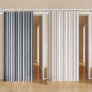 Foldable Door Curtain Gray Beige Stripe Polyester Room Divider Living Bedroom Easy Clean Minimalist Decor