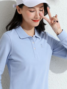 เสื้อยืดคอโปโลผู้หญิงแขนยาวคอกลมทรงหลวมสไตล์สปอร์ตผ้าฝ้ายแท้พิมพ์โลโก้เสื้อทำงานฤดูใบไม้ผลิและฤดูใบไม้ร่วง