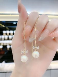 Stylish Zircon Bows Pearl Earrings Eardrop Eardrops Refined Stylish and Versatile Long Slim Face Earrings Women