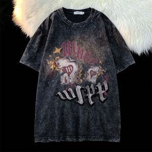 American Retro Pure Cotton Short-Sleeved T-shirt Mens Washed Distressed Street Tide Brand Loose Heavy Weight round Neck Couples Tops