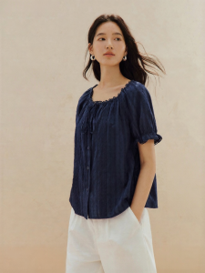 INMAN | Lace Stitched Tie-up Puffed Sleeve French Style Navy Blue Blouse