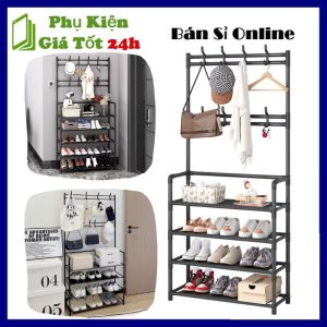 Giá Để Giày Dép Đa Năng 4 Tầng Thông Minh Có Móc Treo Quần Áo Túi Xách Nón Tiện Ích Dễ Lắp Đặt - Kệ Để Giày Dép 4 Tầng Chữ L Kèm Móc Treo Cao 160Cm Tiện Dụng Kiểu Dáng Hàn Quốc