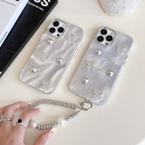 เคสโทรศัพท์ IMD รูปผีเสื้อ3D กรอบโลหะสีเงินพร้อมสร้อยข้อมือสำหรับ iPhone 11 12 13 14 15 16ซีรีส์