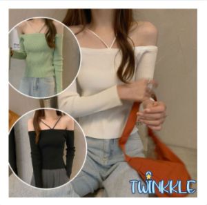 มีเก็บปลายทาง เสื้อยืดแขนยาวเปิดไหล่ สไตล์เกาหลีสำหรับผู้หญิง เสื้อปาดไหล่ แฟชั่นเบาสบาย