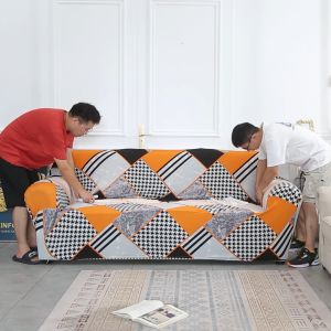 Super Stretch Sofa Slipcover Stylish Geometry Pattern Couch Cover Washable Furniture Protector Sofa Cover 1 Piece Free Pillowcase